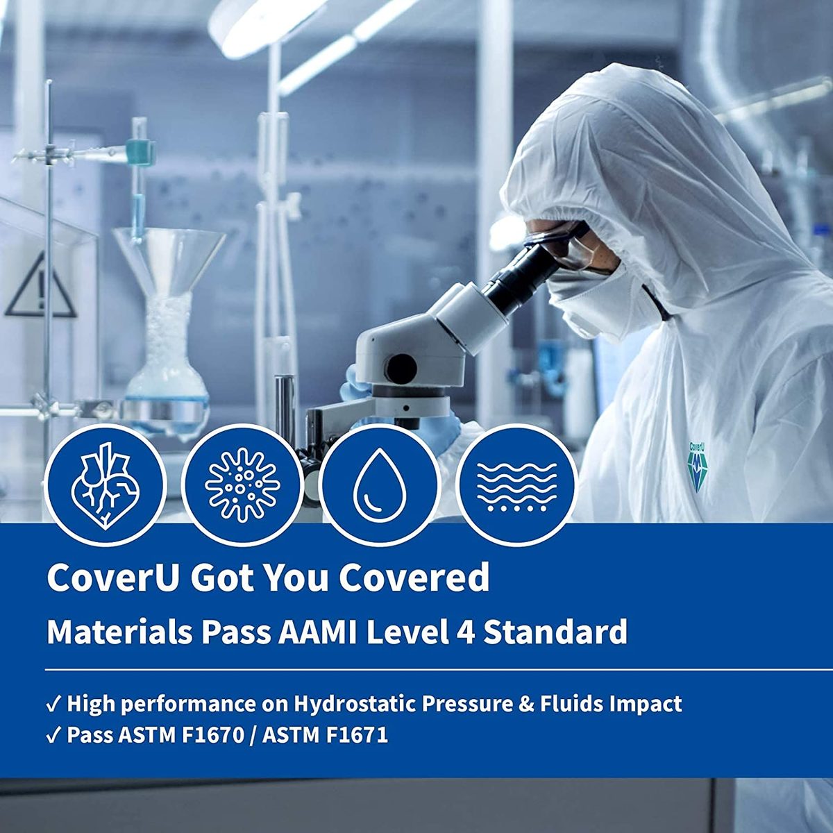 Medtecs Hazmat 套装 - 6 种尺寸选项（1 件）- 织物通过 AAMI 4 级一次性防护服 PPE 套装用于生物危害化学防护 - CoverU 全身防护服带罩 |大号