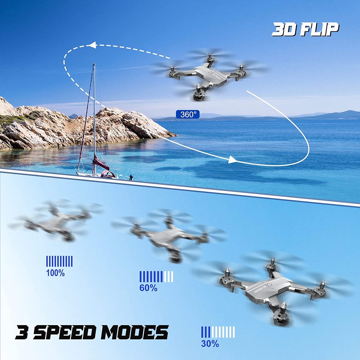 成人用 4K 摄像头无人机，双摄像头可折叠遥控四轴飞行器，带 FPV 视频一键启动高度保持无头模式 3D 翻转航点飞行 2 节电池
