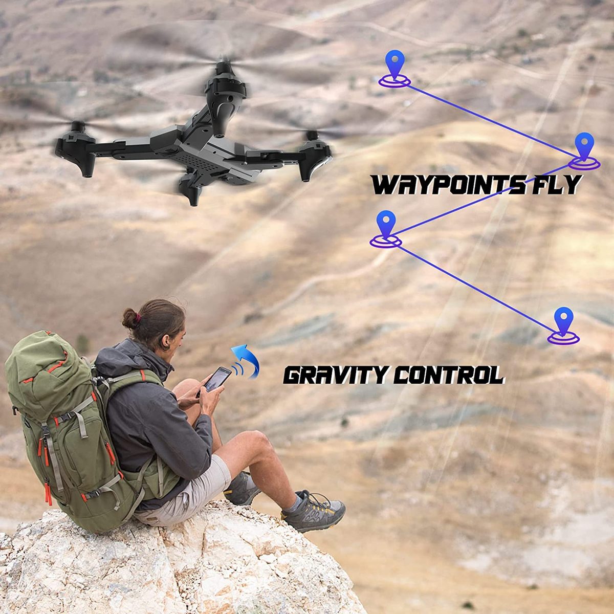 成人用 4K 摄像头无人机，双摄像头可折叠遥控四轴飞行器，带 FPV 视频一键启动高度保持无头模式 3D 翻转航点飞行 2 节电池