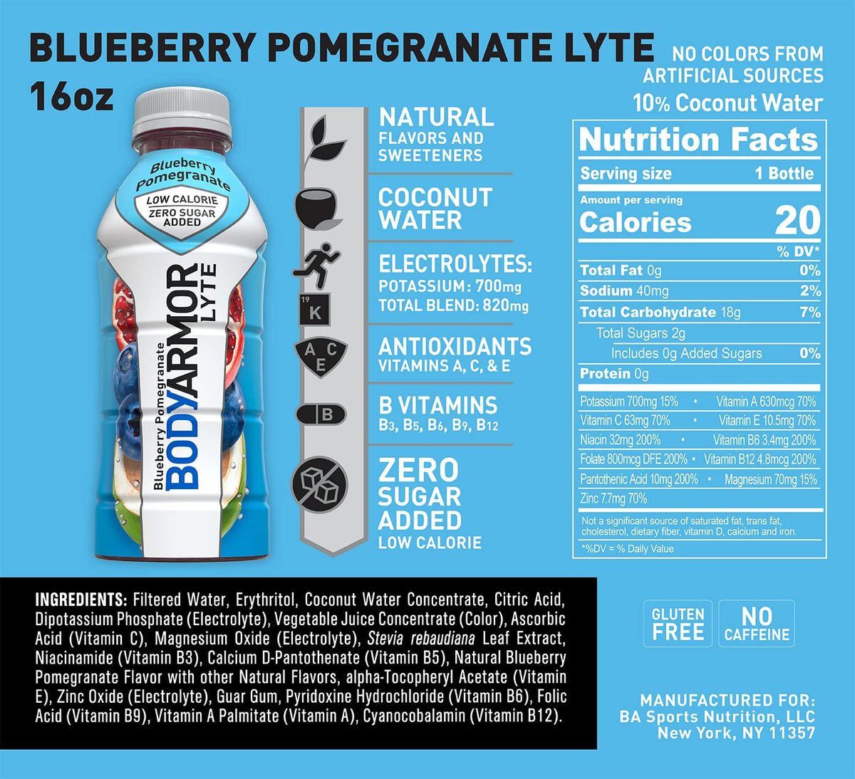 BODYARMOR LYTE 运动饮料低热量饮料，蓝莓石榴，含维生素的天然香料，富含钾的电解质，非常适合运动员，16 液体盎司（12 件装）