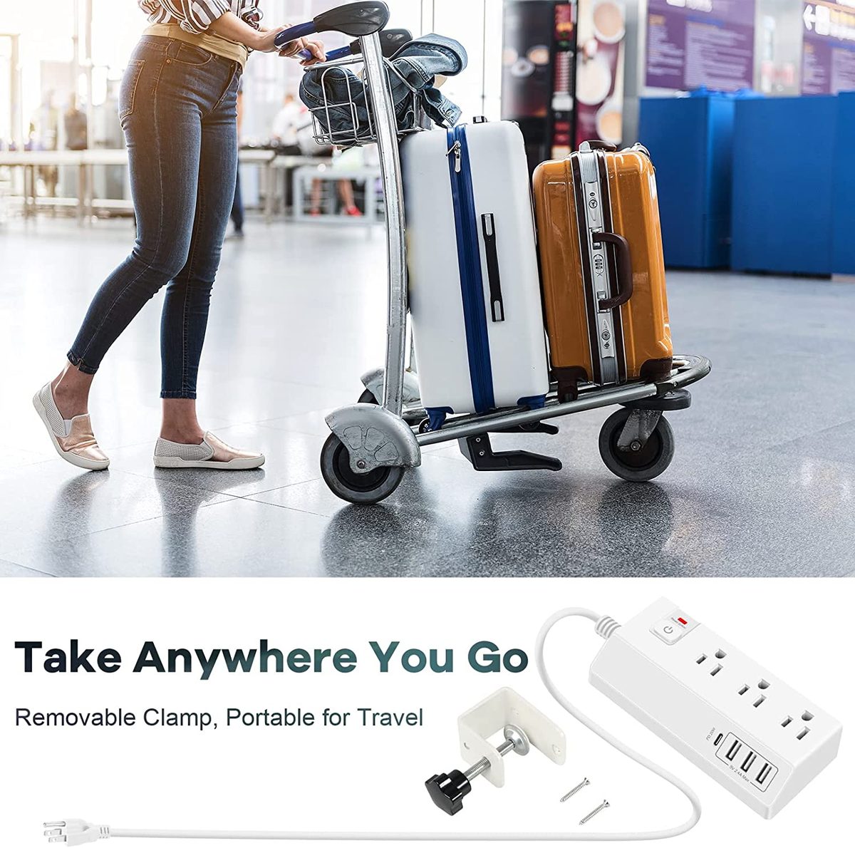 带 USB C 的桌夹式电源板 (20W PD) - 带 3 个插座和 4 个 USB 端口的可拆卸浪涌保护器 - 多插座插头边缘安装桌面电源充电集线器 - 家庭办公桌配件