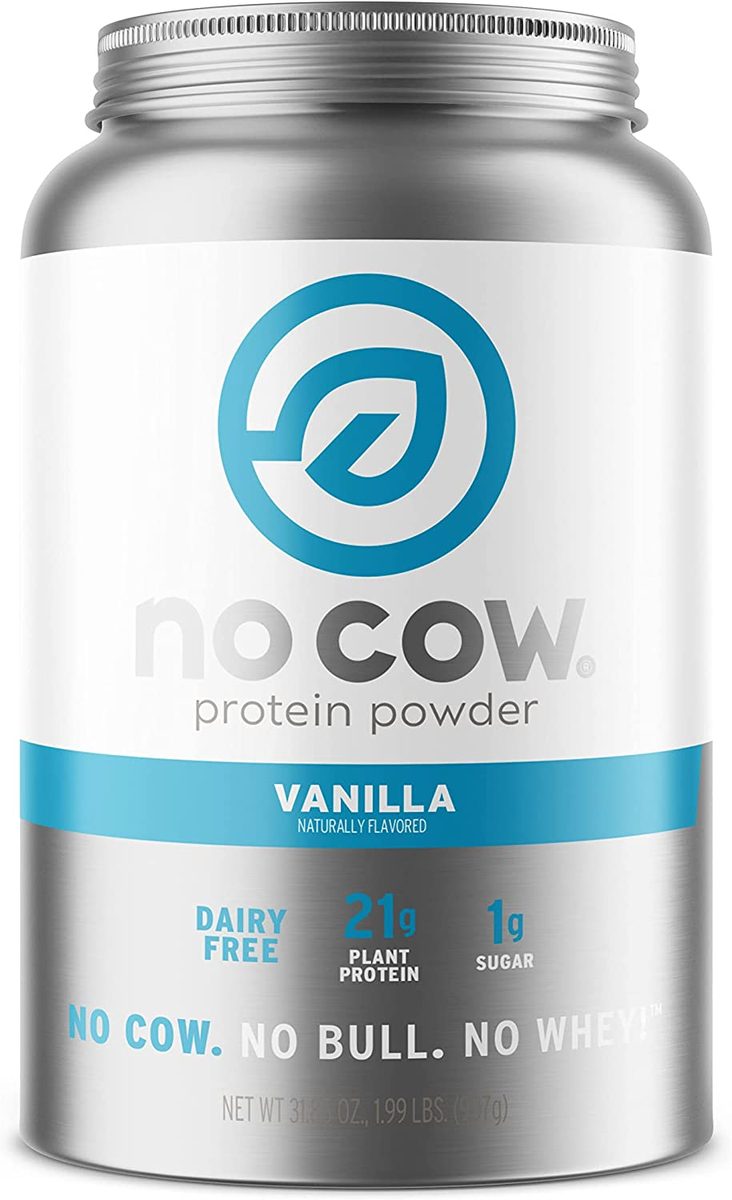 No Cow 素食蛋白粉，香草，22 克植物蛋白，可回收铝制容器和勺子，非乳制品，不含大豆，低糖，低净碳水化合物，无麸质，天然甜味，非转基因，犹太洁食