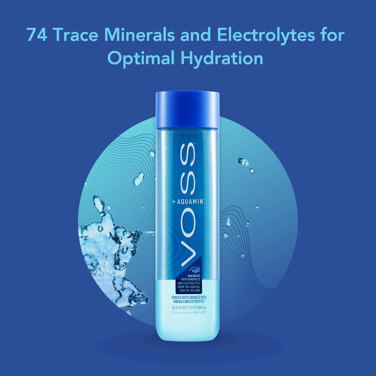 VOSS+Aquamin增强型水-12瓶装，每瓶850毫升-纯净水-74种微量矿物质和电解质-非常适合在健身房和炎热的日子里过积极的生活-再生PET瓶