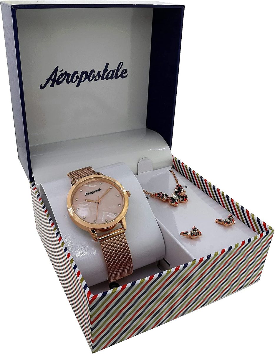 Aéropostale 简约手表和珠宝 4 件套礼品套装玫瑰金金灰色 1 手表 1 配套项链 2 配套耳环