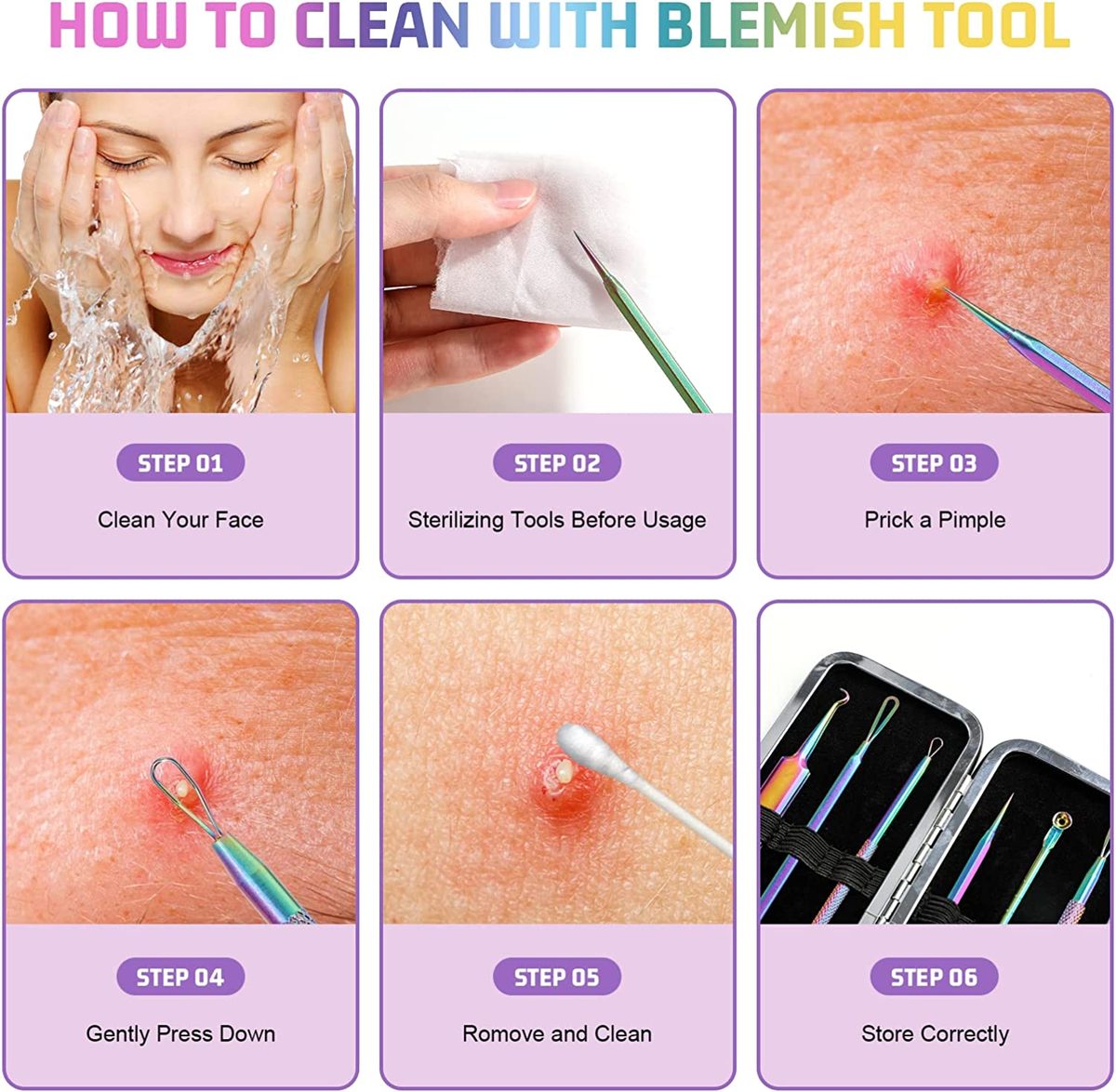 JPNK 去黑头工具，不锈钢 Pimple Popper 工具套件，包括 6 件 Comedone Extractor 和 10X Blackhead Mirror