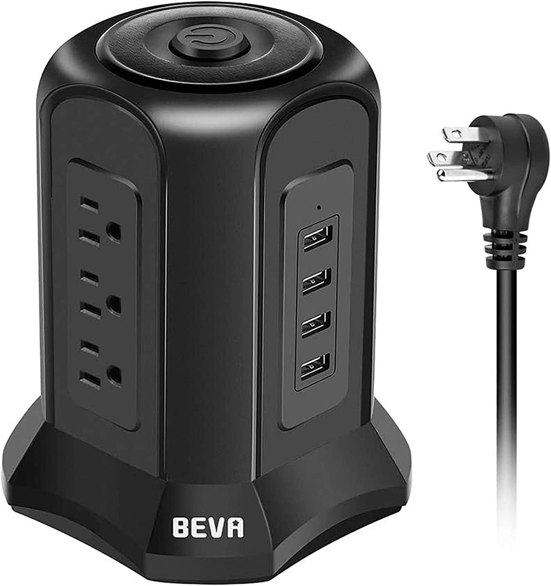 Power Strip Tower 浪涌保护器 BEVA 10 英尺扁平插头桌面充电站 9 个交流电源插座 4 个 USB 端口，900 焦耳，用于家庭办公设备智能手机电脑平板电脑的长延长线（黑色）