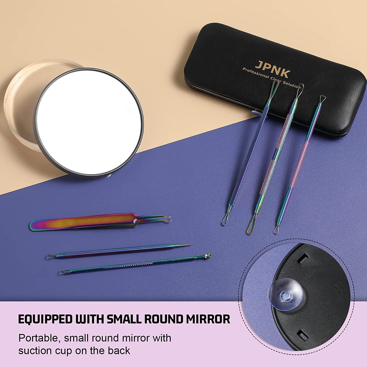 JPNK 去黑头工具，不锈钢 Pimple Popper 工具套件，包括 6 件 Comedone Extractor 和 10X Blackhead Mirror