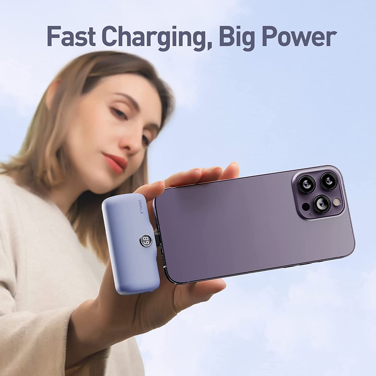 iWALK<linkPod 便携式充电器 4800mAh 移动电源 PD 快速充电小型扩展坞电池带 LED 显示屏兼容 iPhone 14/14 Pro Max/13/13 Pro Max/12/12 Pro/11/X/8/7/6,紫色