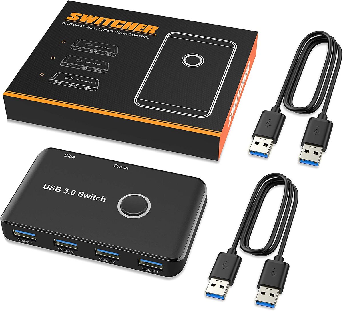 USB 3.0 切换器，ABLEWE USB 切换器 2 台计算机共享 4 个 USB 设备 KVM 切换器盒适用于 PC、打印机、扫描仪、鼠标、键盘，带 2 条装 USB 数据线（兼容 Mac/Windows/Linux）