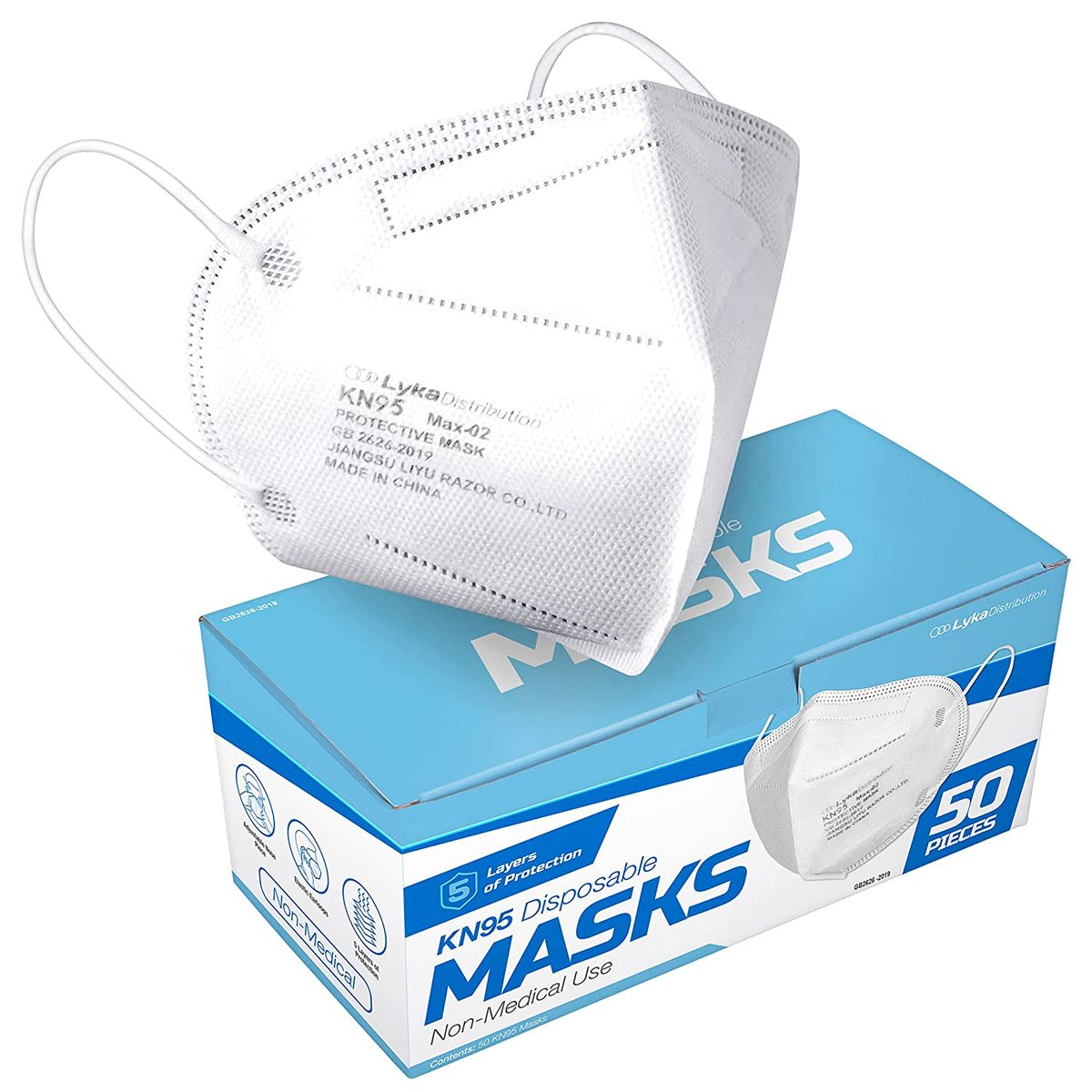 Lyka Distribution KN95 面罩 - 50 个装 - 5 层保护透气 KN95 面罩 - 过滤 >95%，带舒适的弹性耳环 |丙纶无纺布