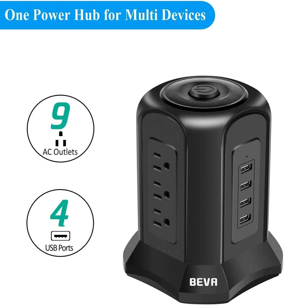 Power Strip Tower 浪涌保护器 BEVA 10 英尺扁平插头桌面充电站 9 个交流电源插座 4 个 USB 端口，900 焦耳，用于家庭办公设备智能手机电脑平板电脑的长延长线（黑色）