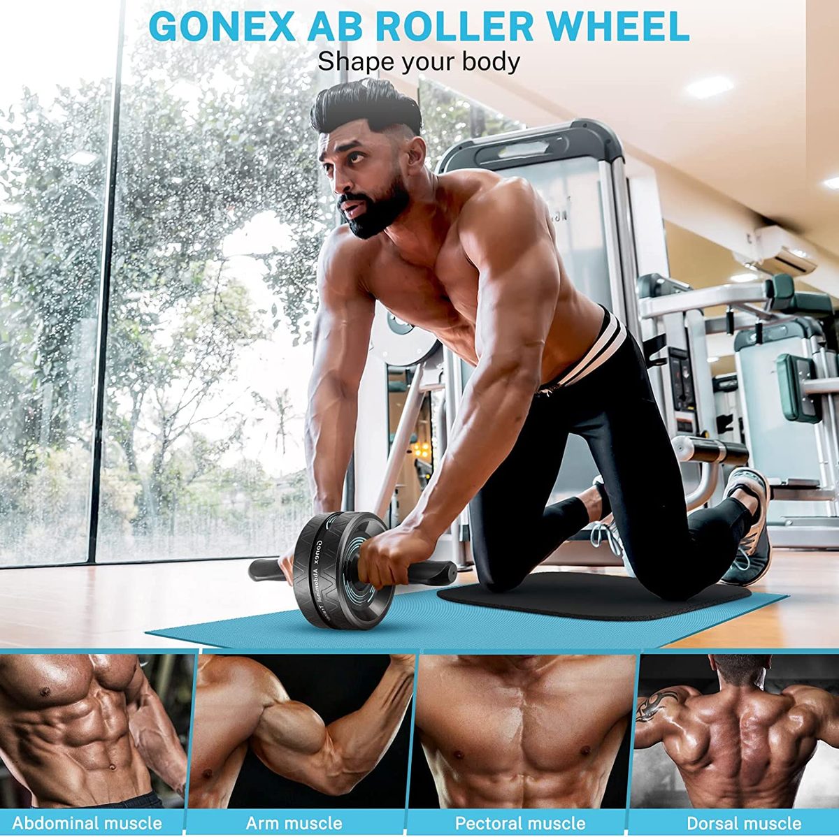 Gonex 腹肌滚轮、家庭健身器材、用于腹肌和核心力量训练的腹肌轮，带阻力带、护膝垫、俯卧撑杆配件、核心滑块或跳绳