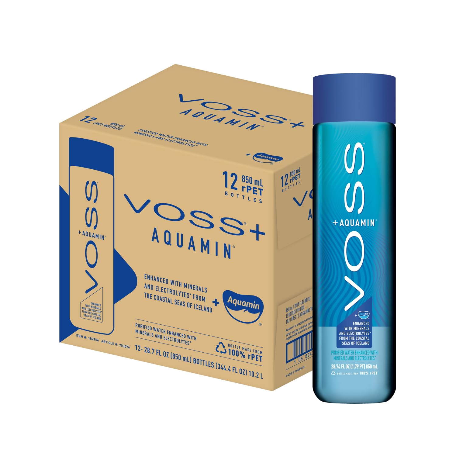 VOSS+Aquamin增强型水-12瓶装，每瓶850毫升-纯净水-74种微量矿物质和电解质-非常适合在健身房和炎热的日子里过积极的生活-再生PET瓶