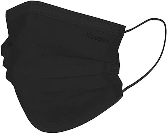 Litepak 2000 片一次性口罩黑色 3 层成人口罩鼻线保护 - 透气防护面罩