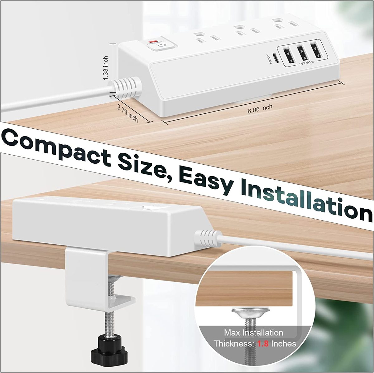 带 USB C 的桌夹式电源板 (20W PD) - 带 3 个插座和 4 个 USB 端口的可拆卸浪涌保护器 - 多插座插头边缘安装桌面电源充电集线器 - 家庭办公桌配件
