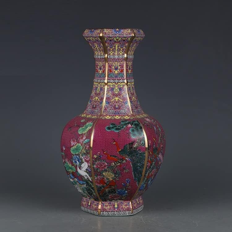 ZSEDP 珐琅红花鸟六角花瓶古董景德镇瓷器家居中式装饰品