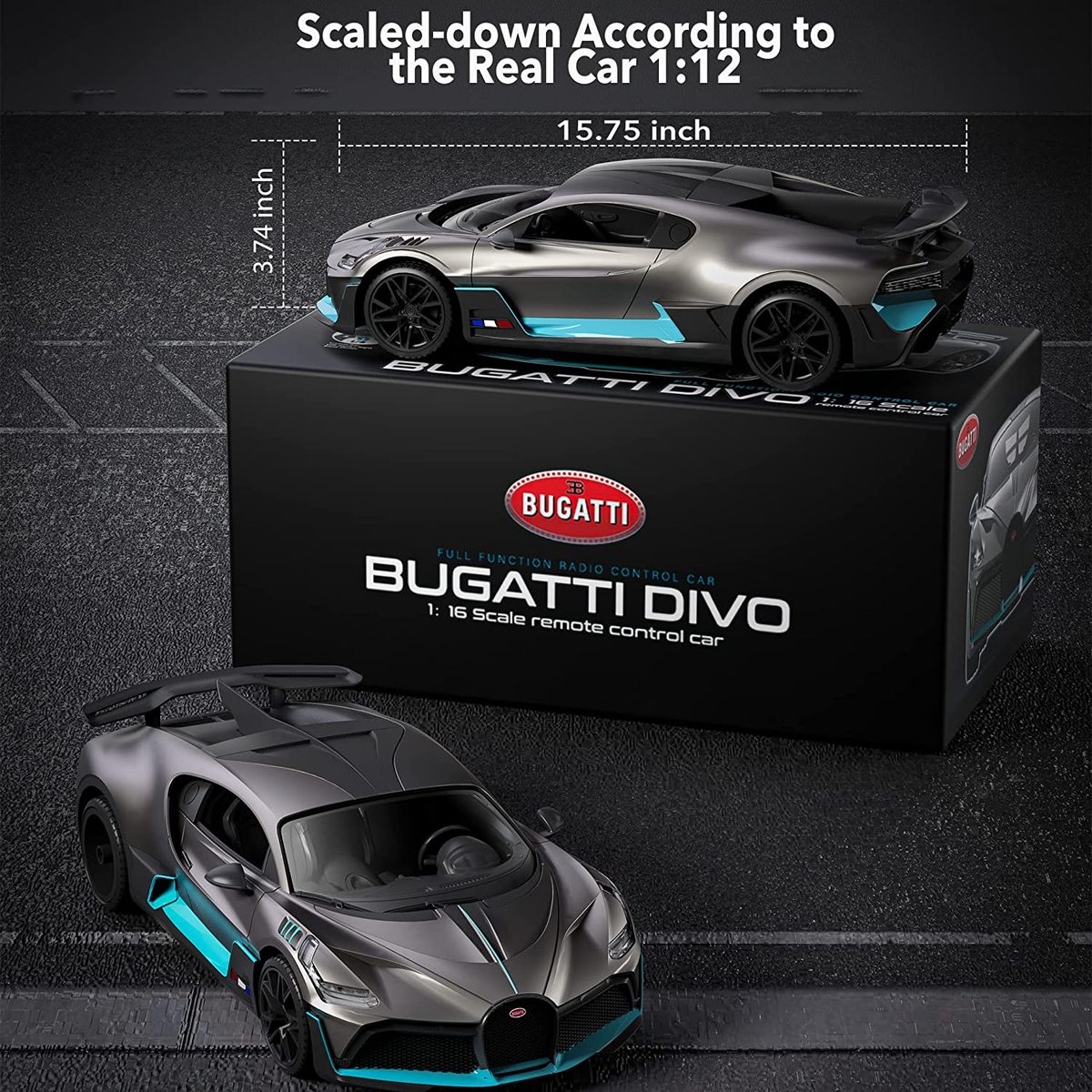 MIEBELY 遥控车，Bugatti Divo 1/12 比例遥控车 12 公里/小时，2.4Ghz 许可模型车 7.4V 900mAh 玩具车头灯成人男孩女孩 6-12 岁生日创意礼物