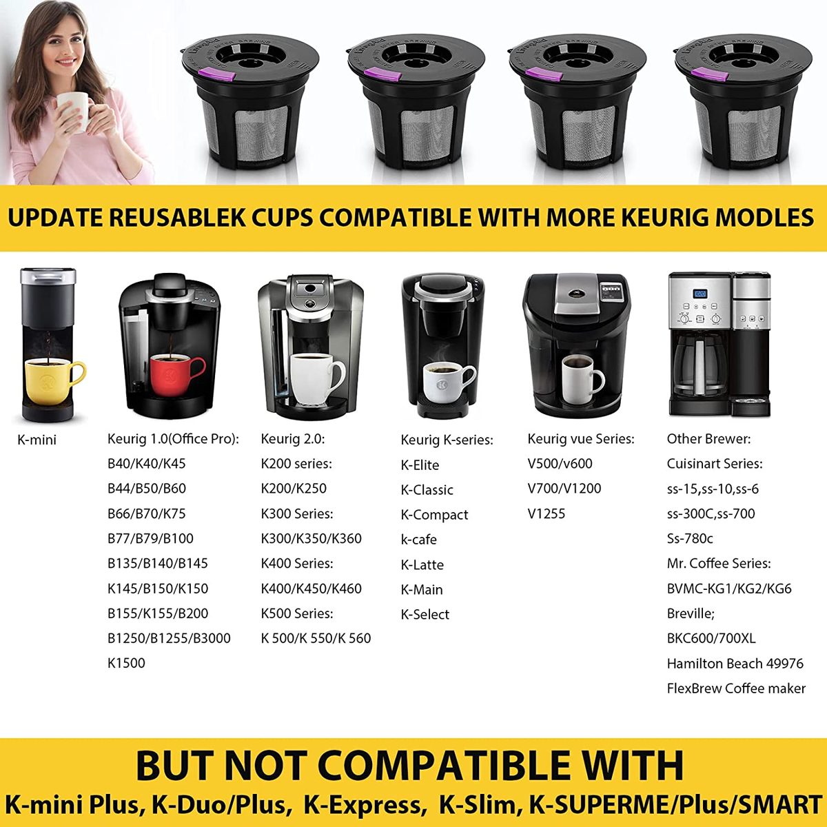 适用于 Keurig 的可重复使用 K 杯，可重复使用 K CUP 咖啡过滤器可再填充单个 K CUP 适用于 Keurig 2.0 1.0 BPA Free-6 包