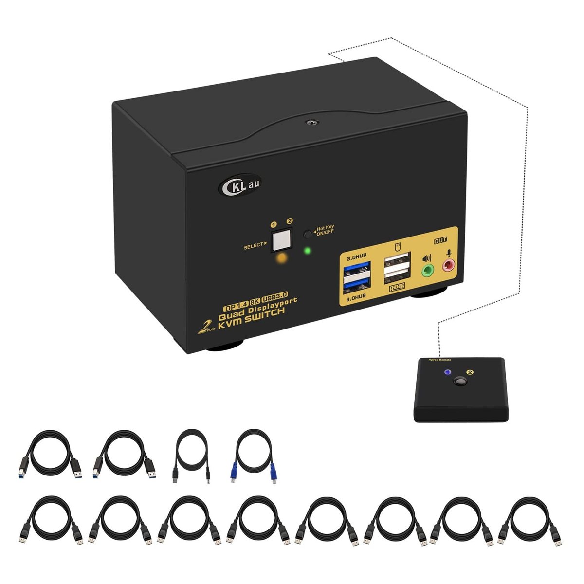 CKLau 2 端口 USB 3.0 三显示器 KVM 切换器 Displayport 1.4 支持 8K@30Hz 4K@144Hz, 2 台计算机 3 显示器视频键盘鼠标外设音频共享选择器盒带电缆