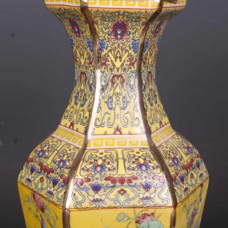 ZSEDP 景德镇古董珐琅六边形花瓶 黄色花鸟图案花瓶