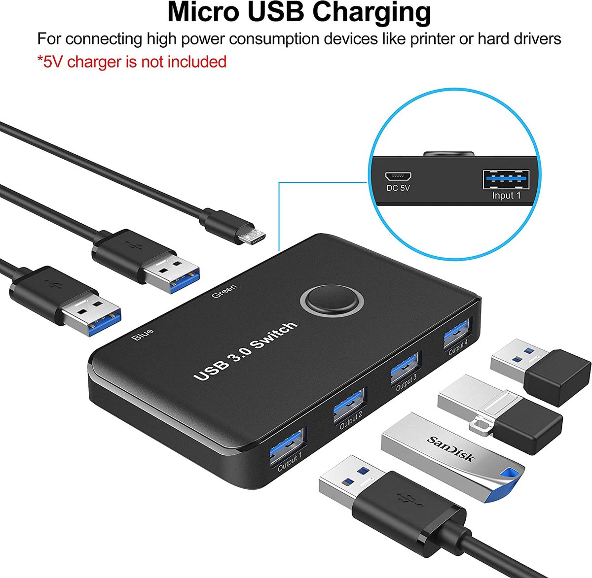 USB 3.0 切换器，ABLEWE USB 切换器 2 台计算机共享 4 个 USB 设备 KVM 切换器盒适用于 PC、打印机、扫描仪、鼠标、键盘，带 2 条装 USB 数据线（兼容 Mac/Windows/Linux）