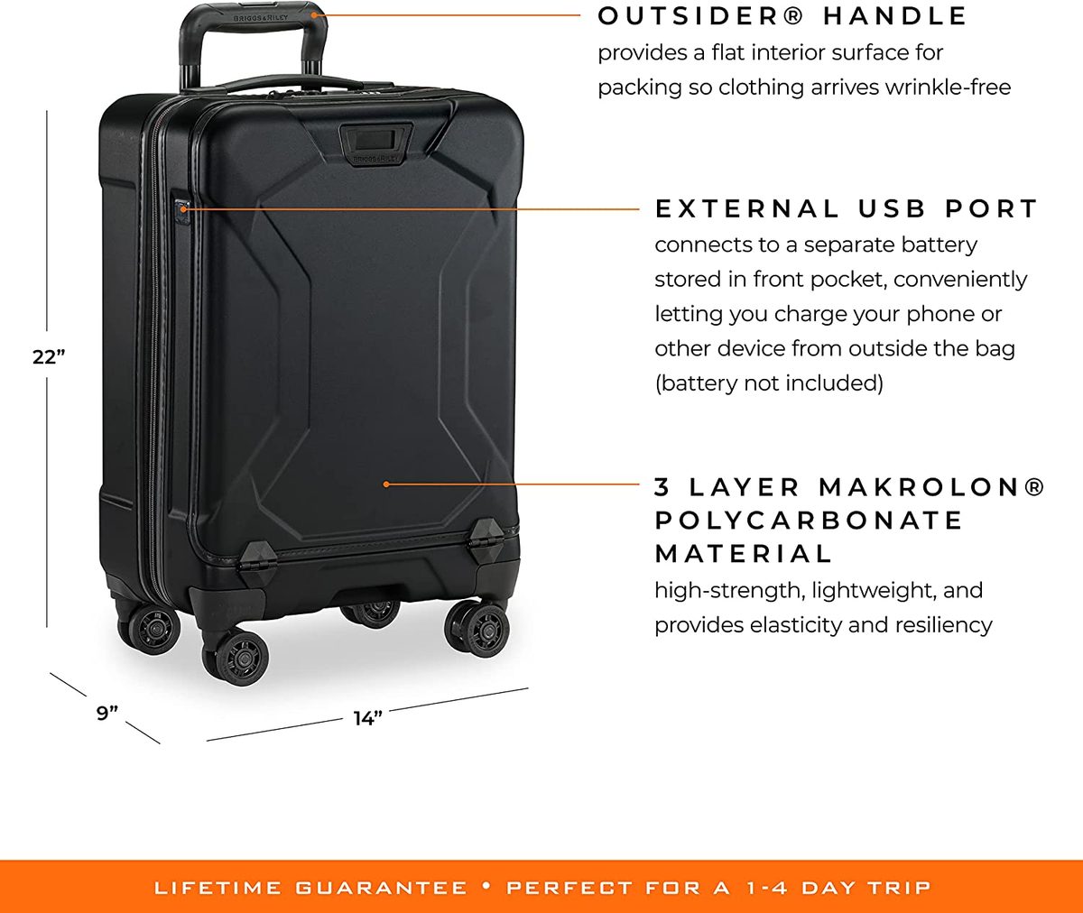 Briggs & Riley Torq Hardside 随身携带行李箱，带万向轮 22 英寸。 USB 充电端口，TSA 友好型锁具，方便使用的铰链前袋，黑色