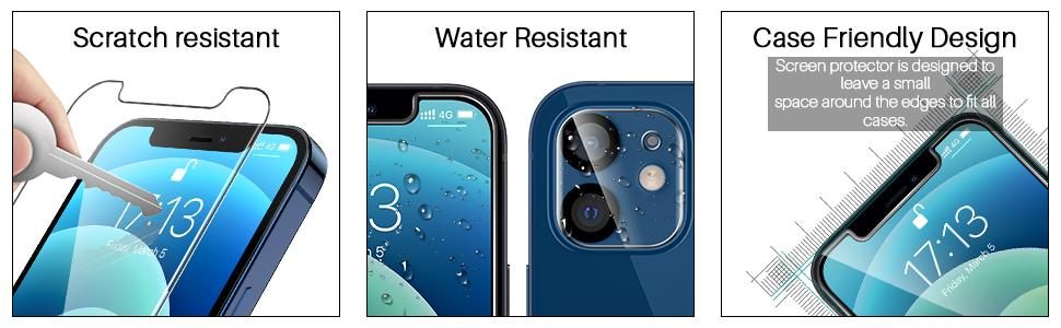 [3+3+1] LK 3 件装 iPhone 12 屏幕保护膜 + 3 件装带对准框的镜头保护膜，[9H] 钢化玻璃，防刮擦，无气泡，适用于 iPhone 12 的光滑触摸屏保护膜，透明，6.1 英寸