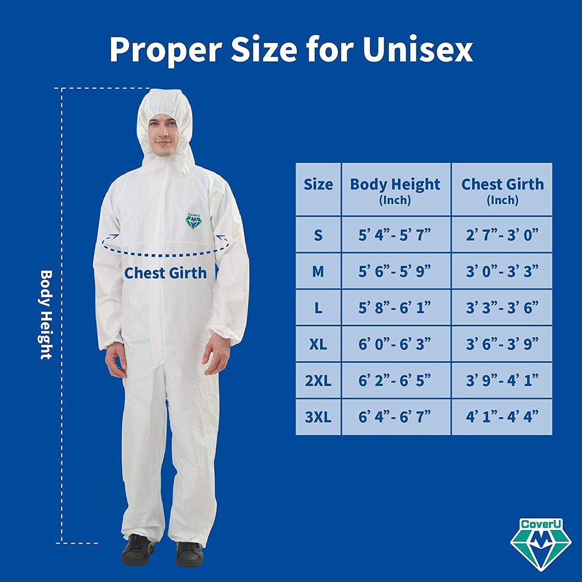 Medtecs Hazmat 套装 - 6 种尺寸选项（1 件）- 织物通过 AAMI 4 级一次性防护服 PPE 套装用于生物危害化学防护 - CoverU 全身防护服带罩 |大号