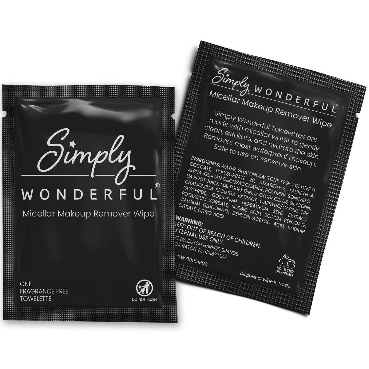 Simply Wonderful 卸妆湿巾 - 单独包装的带胶束水卸妆湿巾，用于面部湿巾清洁、卸妆、睫毛膏、唇膏、油污和污垢，100 片散装化妆湿巾