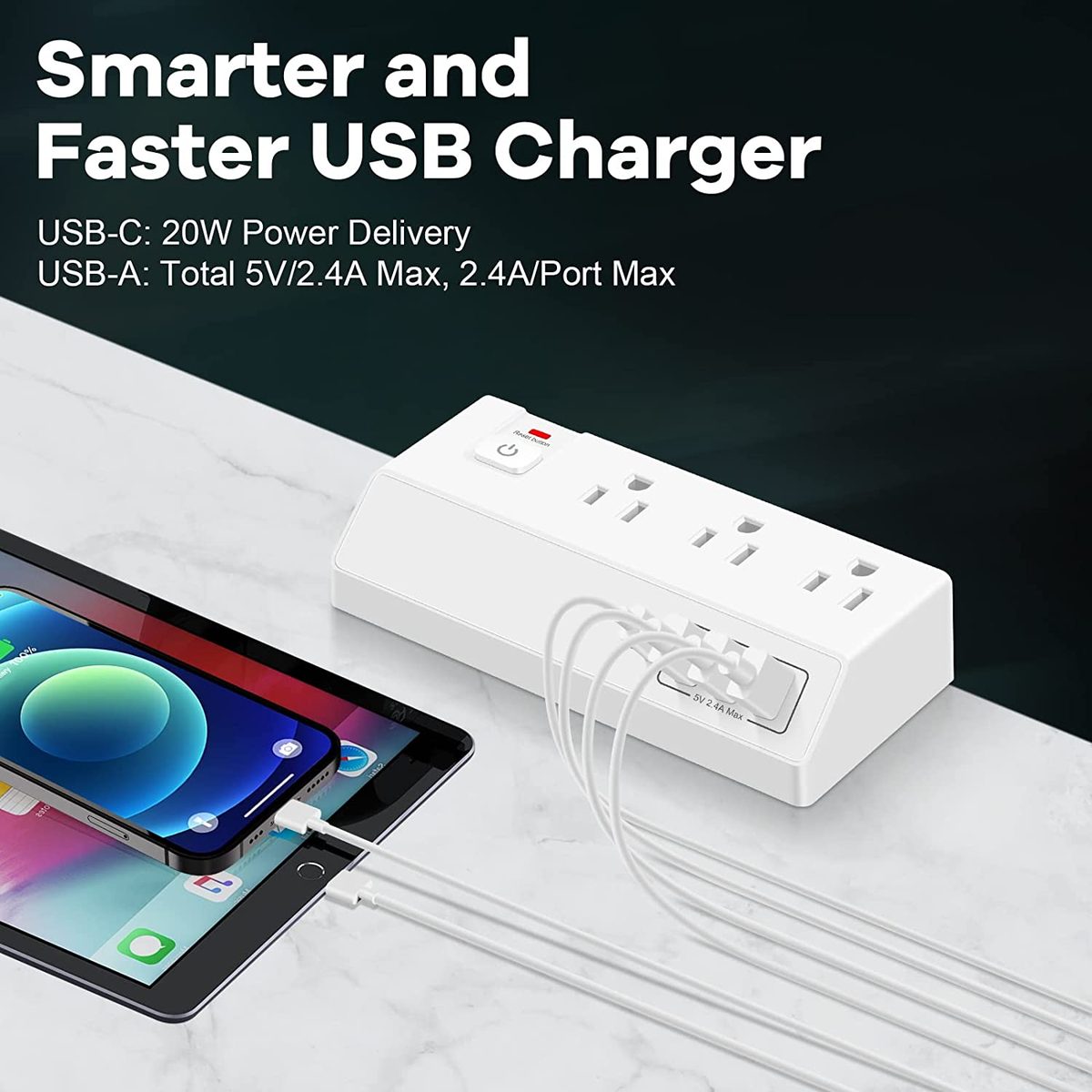 带 USB C 的桌夹式电源板 (20W PD) - 带 3 个插座和 4 个 USB 端口的可拆卸浪涌保护器 - 多插座插头边缘安装桌面电源充电集线器 - 家庭办公桌配件