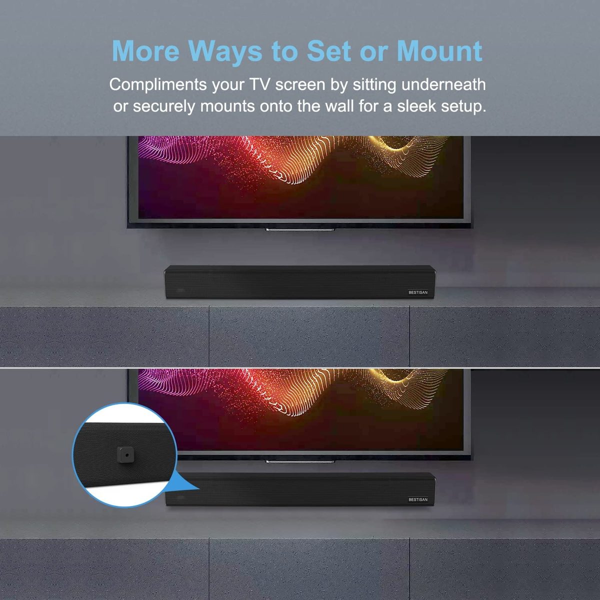 BESTISAN，100 瓦 HDMI 条形音箱，适用于带内置低音炮家庭影院系统的电视（32 英寸，子输出端口，蓝牙 5.0，3 种音频模式，低音可调，壁挂式，2022 升级版）