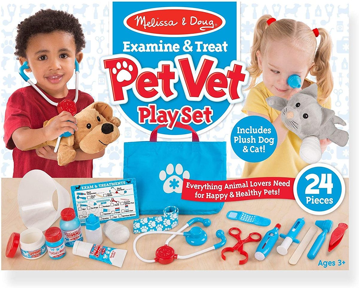 Melissa & Doug 检查和治疗宠物兽医玩具套装（24 件）- 儿童兽医玩具套装，儿童兽医套装，STEAM 玩具，角色扮演医生套装，适合 3 岁以上儿童