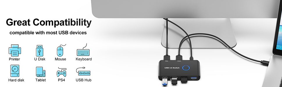 USB 3.0 切换器，ABLEWE USB 切换器 2 台计算机共享 4 个 USB 设备 KVM 切换器盒适用于 PC、打印机、扫描仪、鼠标、键盘，带 2 条装 USB 数据线（兼容 Mac/Windows/Linux）