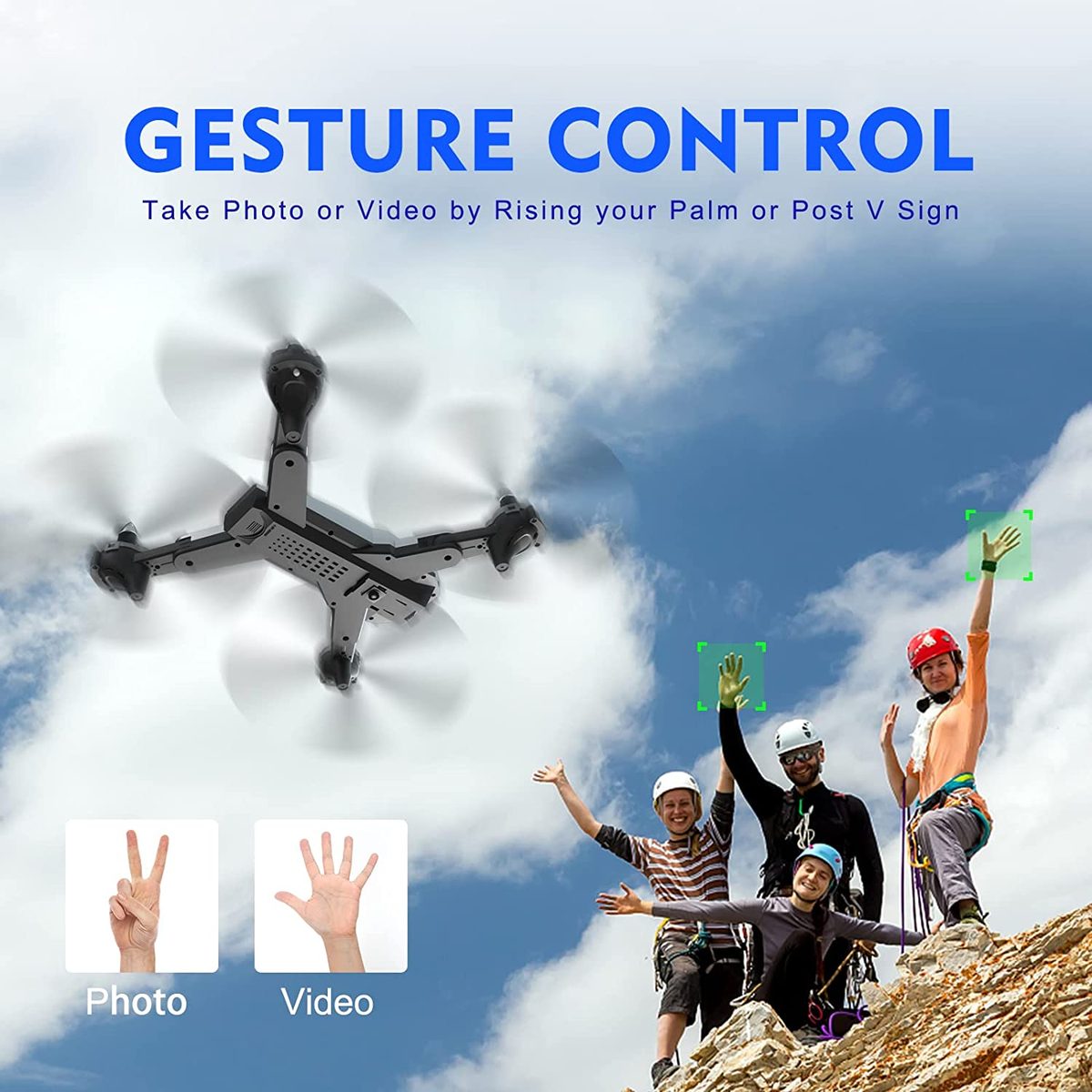 成人用 4K 摄像头无人机，双摄像头可折叠遥控四轴飞行器，带 FPV 视频一键启动高度保持无头模式 3D 翻转航点飞行 2 节电池