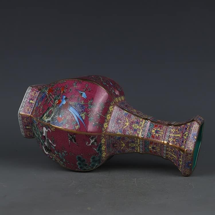 ZSEDP 珐琅红花鸟六角花瓶古董景德镇瓷器家居中式装饰品