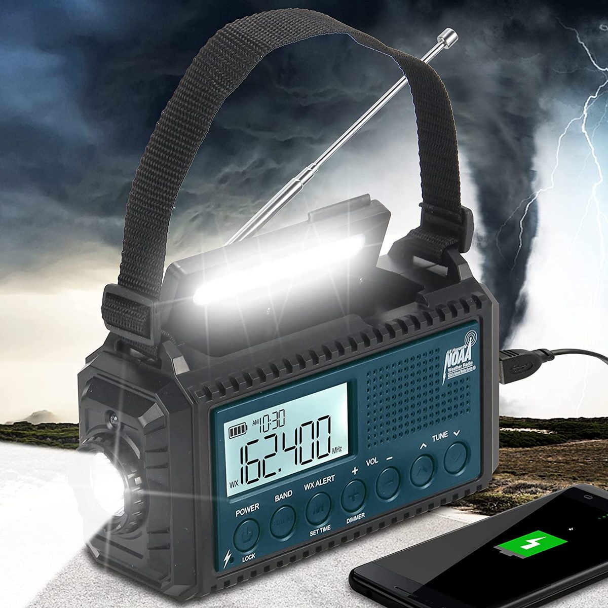 汽车 NOAA 警报数字天气收音机 5000 太阳能手摇曲柄 AM FM 短波便携式电池供电紧急求生收音机带露营手电筒、阅读灯、USB 充电器、SOS、时钟、LCD 显示屏
