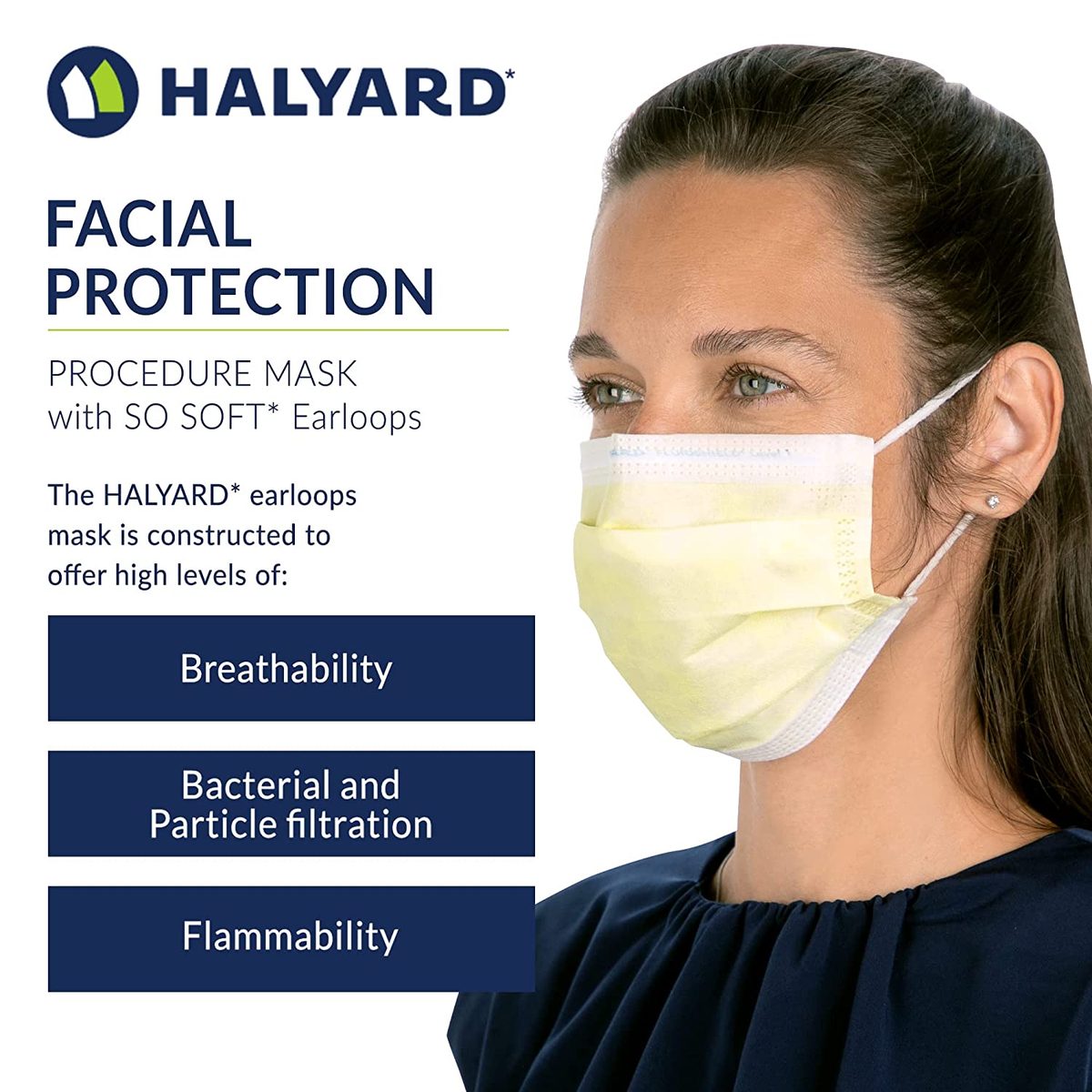 HALYARD 一次性耳挂医用口罩，专为短期佩戴而设计，褶皱式带耳挂，黄色，47117（每盒 50 个）