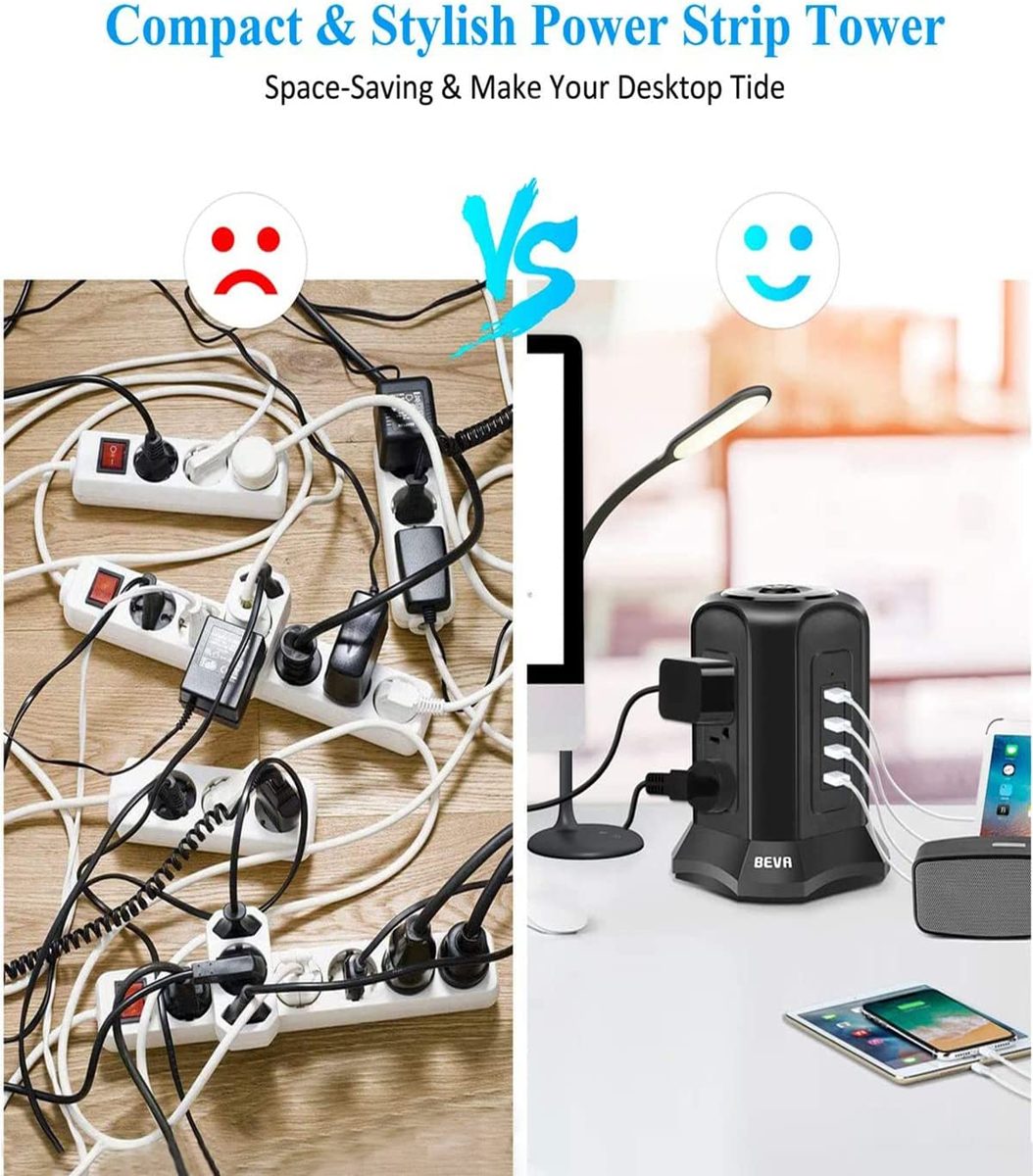 Power Strip Tower 浪涌保护器 BEVA 10 英尺扁平插头桌面充电站 9 个交流电源插座 4 个 USB 端口，900 焦耳，用于家庭办公设备智能手机电脑平板电脑的长延长线（黑色）