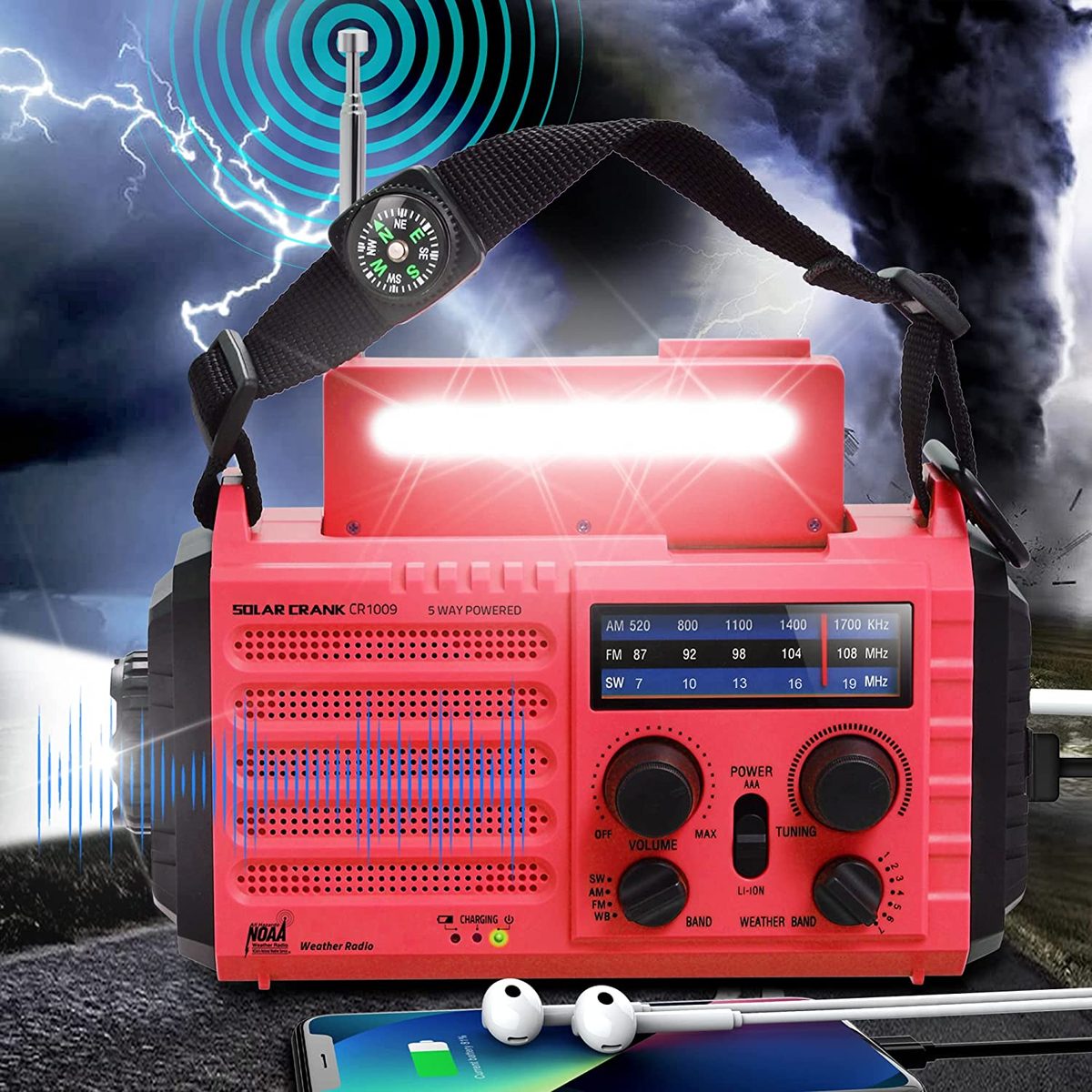 汽车 NOAA 警报数字天气收音机 5000 太阳能手摇曲柄 AM FM 短波便携式电池供电紧急求生收音机带露营手电筒、阅读灯、USB 充电器、SOS、时钟、LCD 显示屏