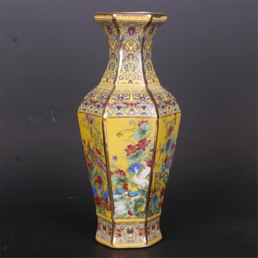 ZSEDP 景德镇古董珐琅六边形花瓶 黄色花鸟图案花瓶