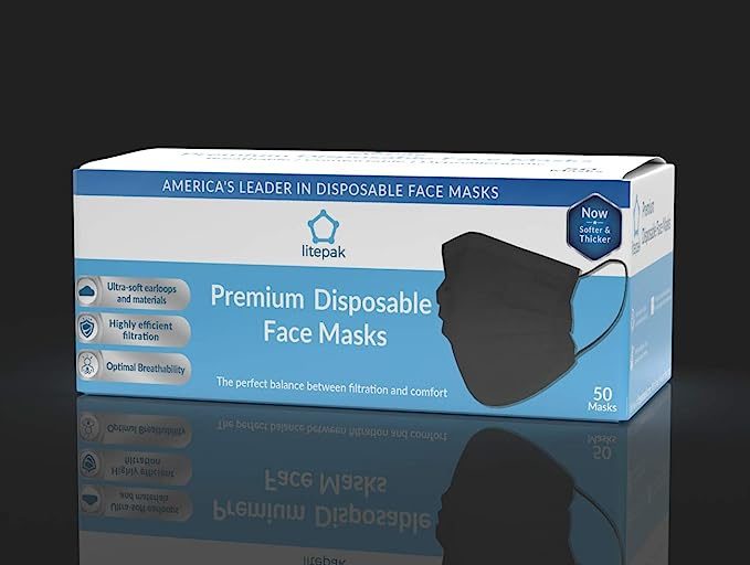 Litepak 2000 片一次性口罩黑色 3 层成人口罩鼻线保护 - 透气防护面罩