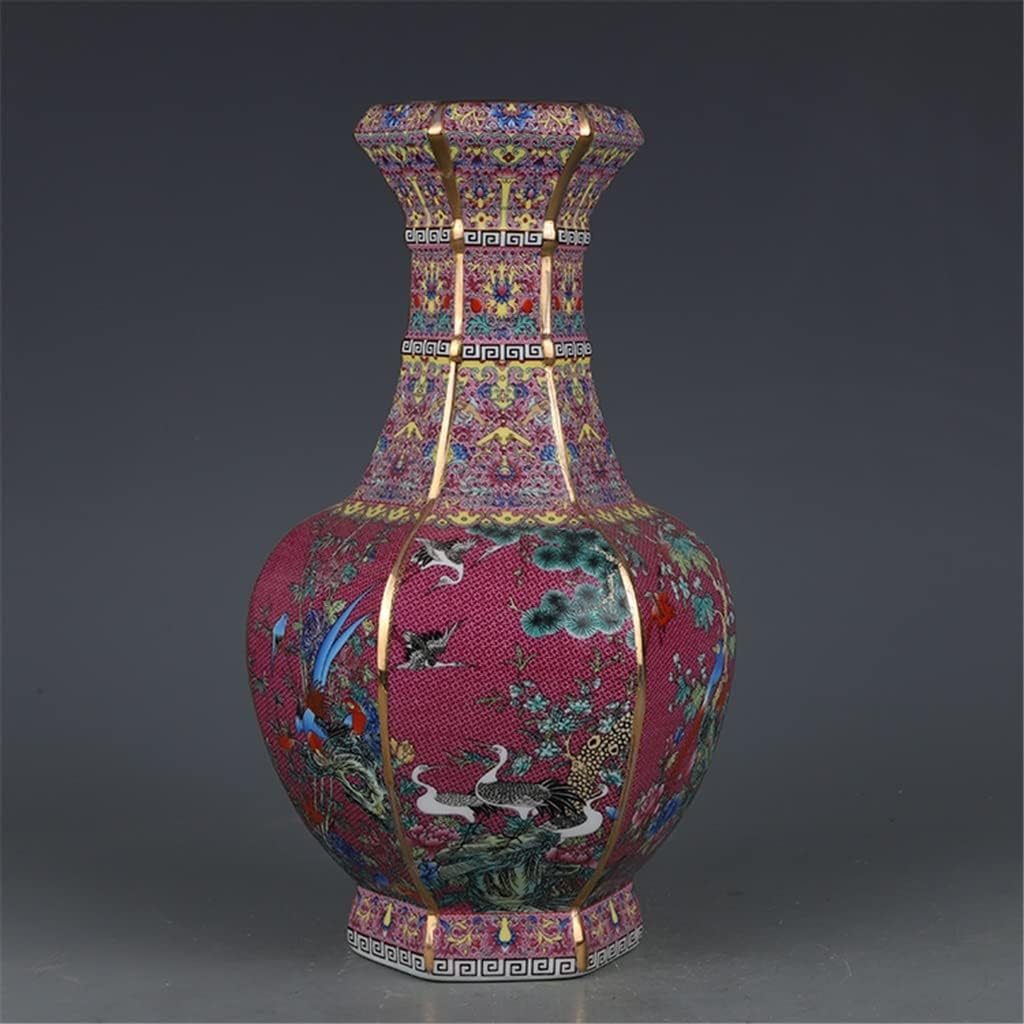 ZSEDP 珐琅红花鸟六角花瓶古董景德镇瓷器家居中式装饰品