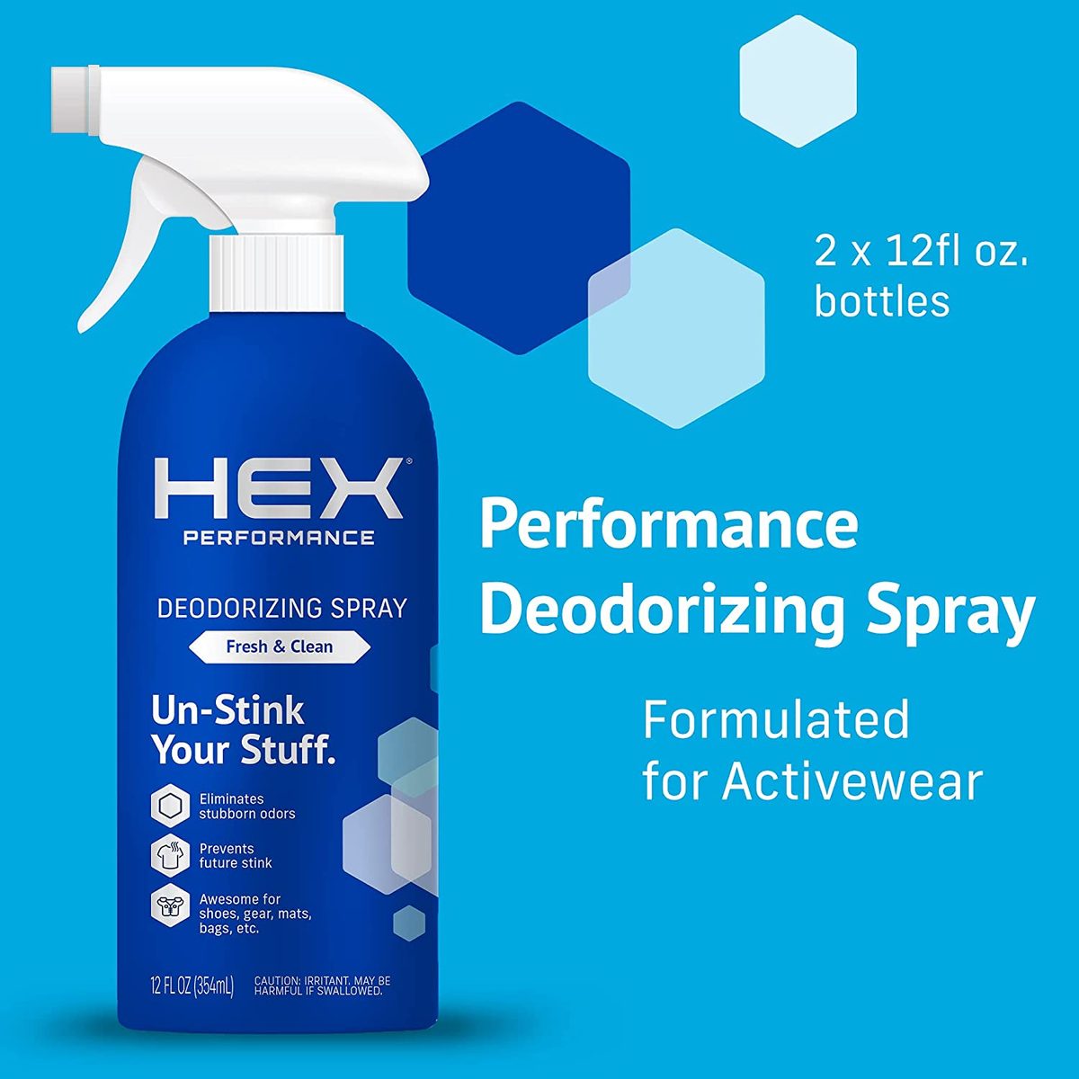 HEX Performance 除臭喷雾，无香精，12 盎司（2 件装）- 非常适合鞋子、装备和健身垫，环保