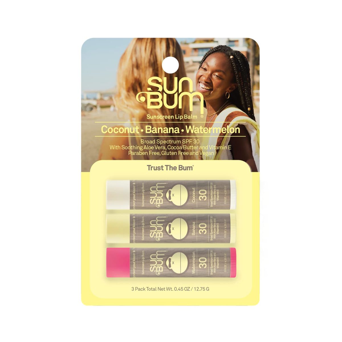 Sun Bum SPF 30 防晒润唇膏 |纯素和无动物实验广谱 UVA/UVB 唇部护理，含芦荟和维生素 E，可滋润双唇 |多种包装 |0.15 盎司（3 件装）