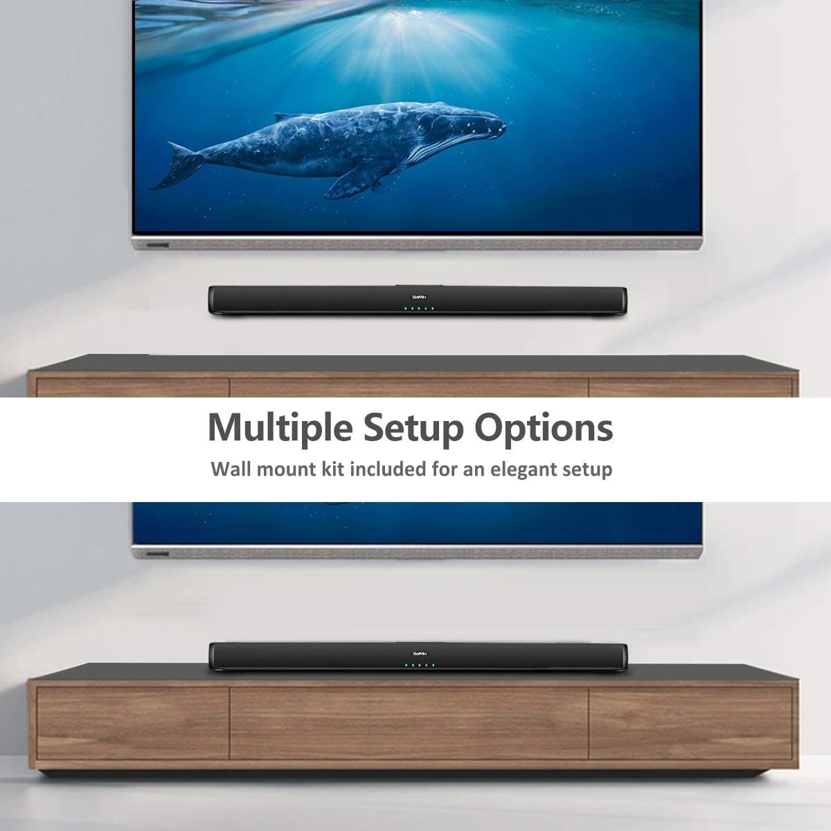 Saiyin Sound Bars for TV，有线和无线蓝牙 5.0 电视立体声扬声器 Soundbar 32'' 家庭影院环绕声系统光学/同轴/RCA 连接，壁挂式