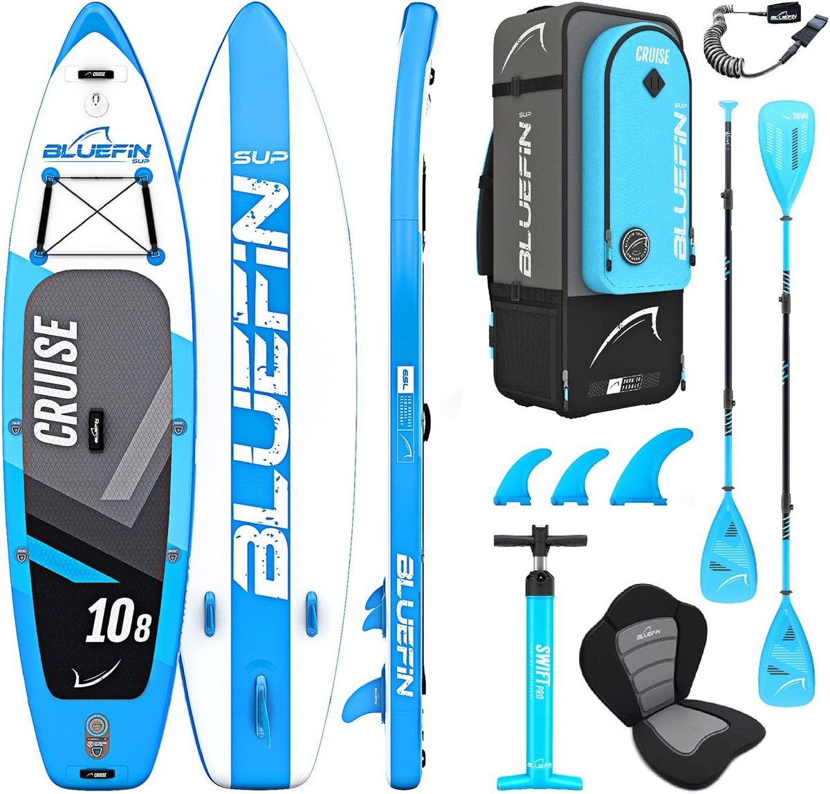 Bluefin Cruise SUP 套餐 |站立式充气桨板 | 6” 厚 |玻璃纤维桨 |皮划艇改装套件 |所有配件 | 5 年保修 |多种尺码：儿童、10'8、12'、15'