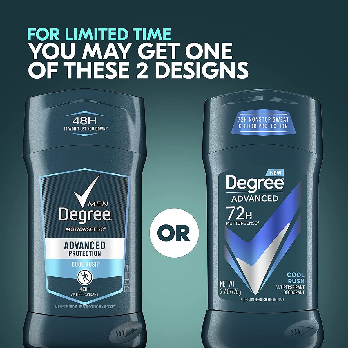 Degree Men Advanced Protection Antiperspirant Deodorant Cool Rush 4 粒装 72 小时防汗防臭止汗剂，采用 MotionSense 技术 2.7 盎司