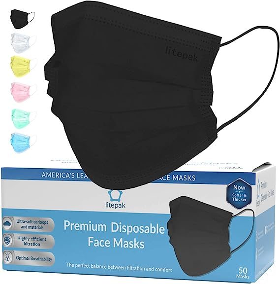 Litepak 2000 片一次性口罩黑色 3 层成人口罩鼻线保护 - 透气防护面罩