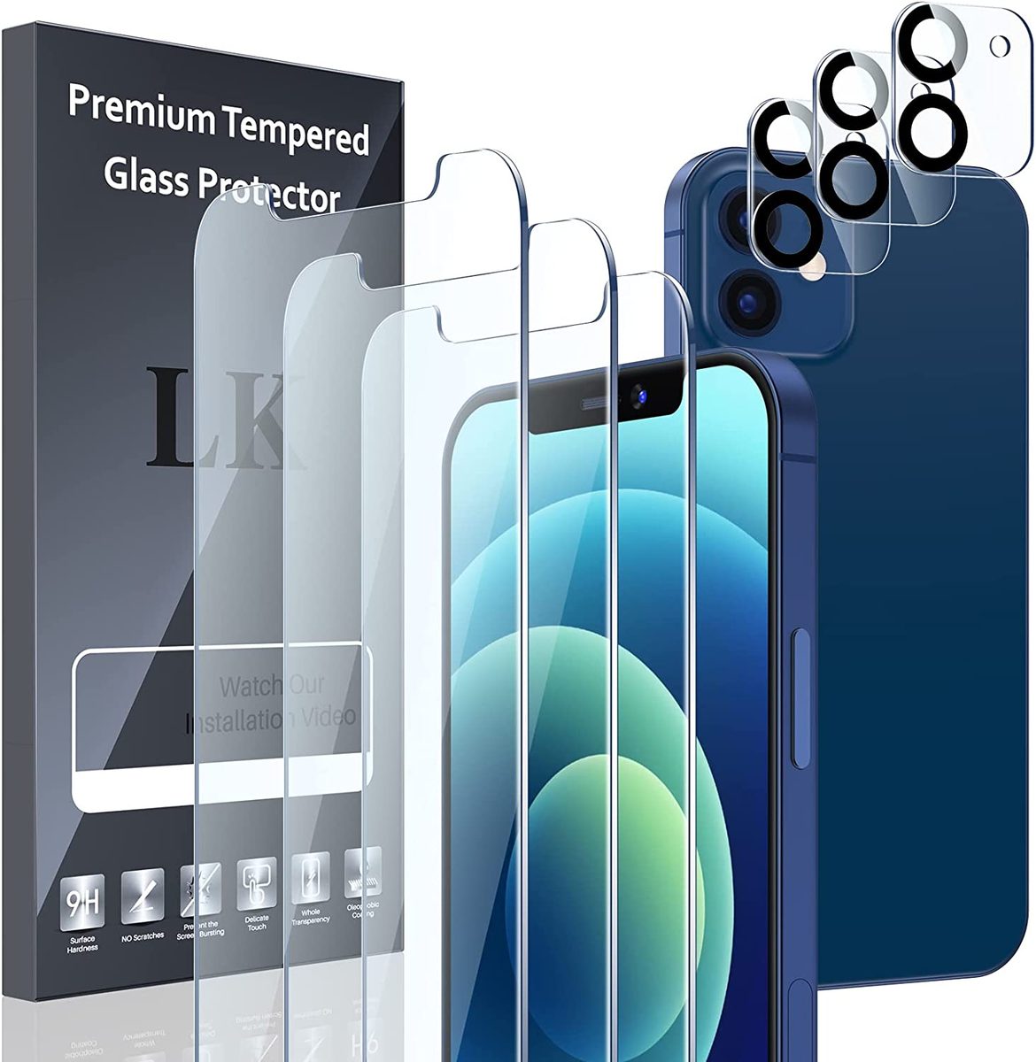 [3+3+1] LK 3 件装 iPhone 12 屏幕保护膜 + 3 件装带对准框的镜头保护膜，[9H] 钢化玻璃，防刮擦，无气泡，适用于 iPhone 12 的光滑触摸屏保护膜，透明，6.1 英寸