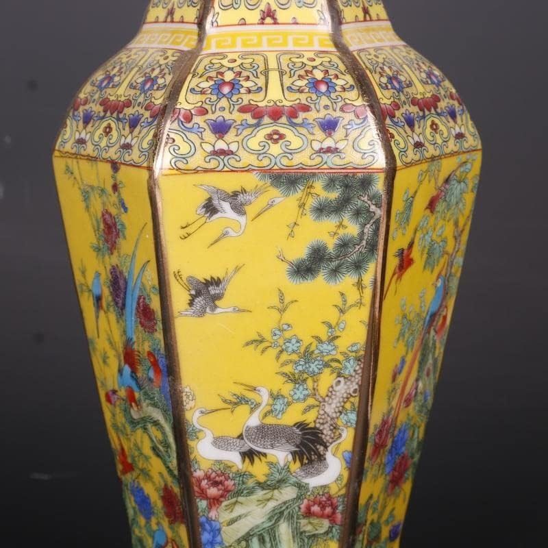 ZSEDP 景德镇古董珐琅六边形花瓶 黄色花鸟图案花瓶